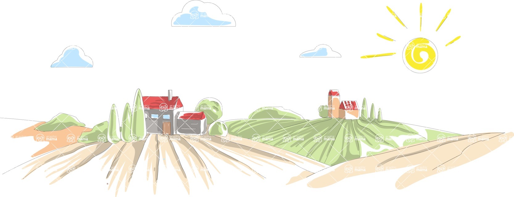 Italy Themed Graphic Collection - Rural Landscape Italy Vector Illustration